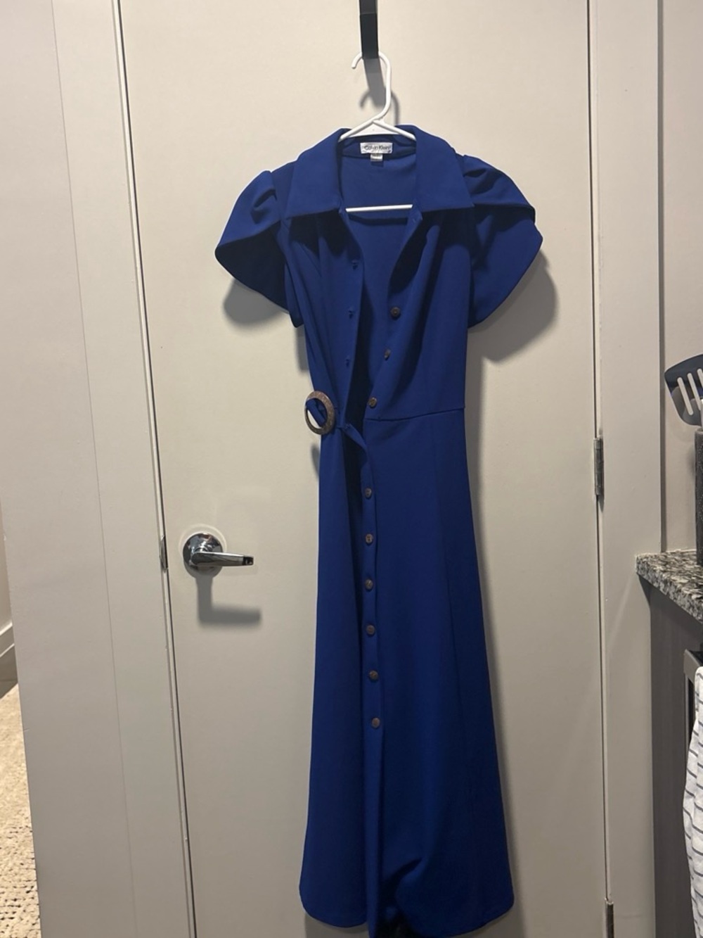 Calvin Klein Royal Blue Button-Front Maxi Dress with Buckle Tie